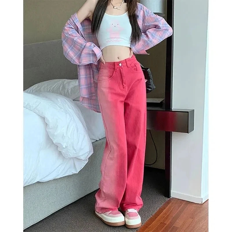 Vintage Streetwear Gradient Pink Jeans Women High Waist Straight Wide Leg Pants Straight Denim Female Trousers