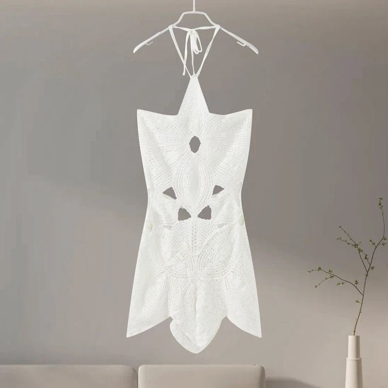 Hollow Out Halter Women Dress Sexy Backless Solid Mini Beach Dress Knitted Irregelar Petaling Short Dresses Female Slim Dress