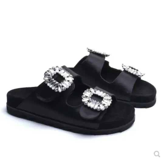 New Trend Women's Slippers Outside 2022 Women's Rhinestone Side Buckle Open Toe Bicyclic Flat-Bottomed Sandals Slippers Girls
