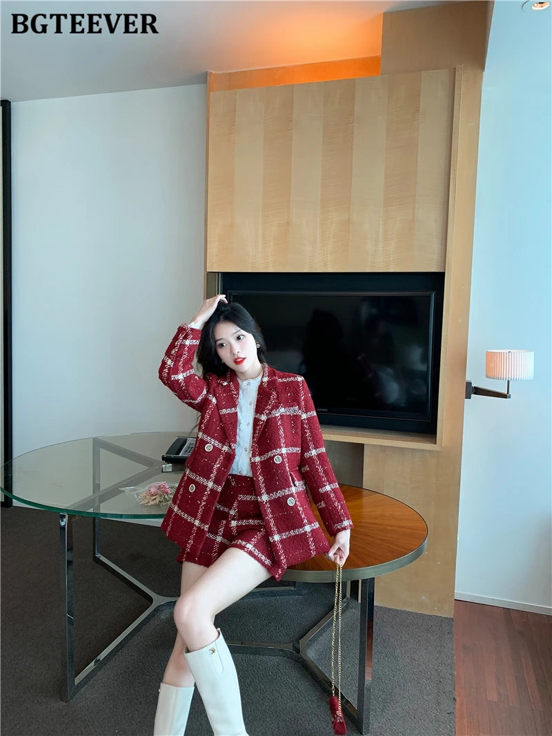 BGTEEVER Winter Thicken Warm Ladies Plaid Blazer Suits Long Sleeve Double Breasted Suit Jackets & Shorts Women 2 Pieces Set