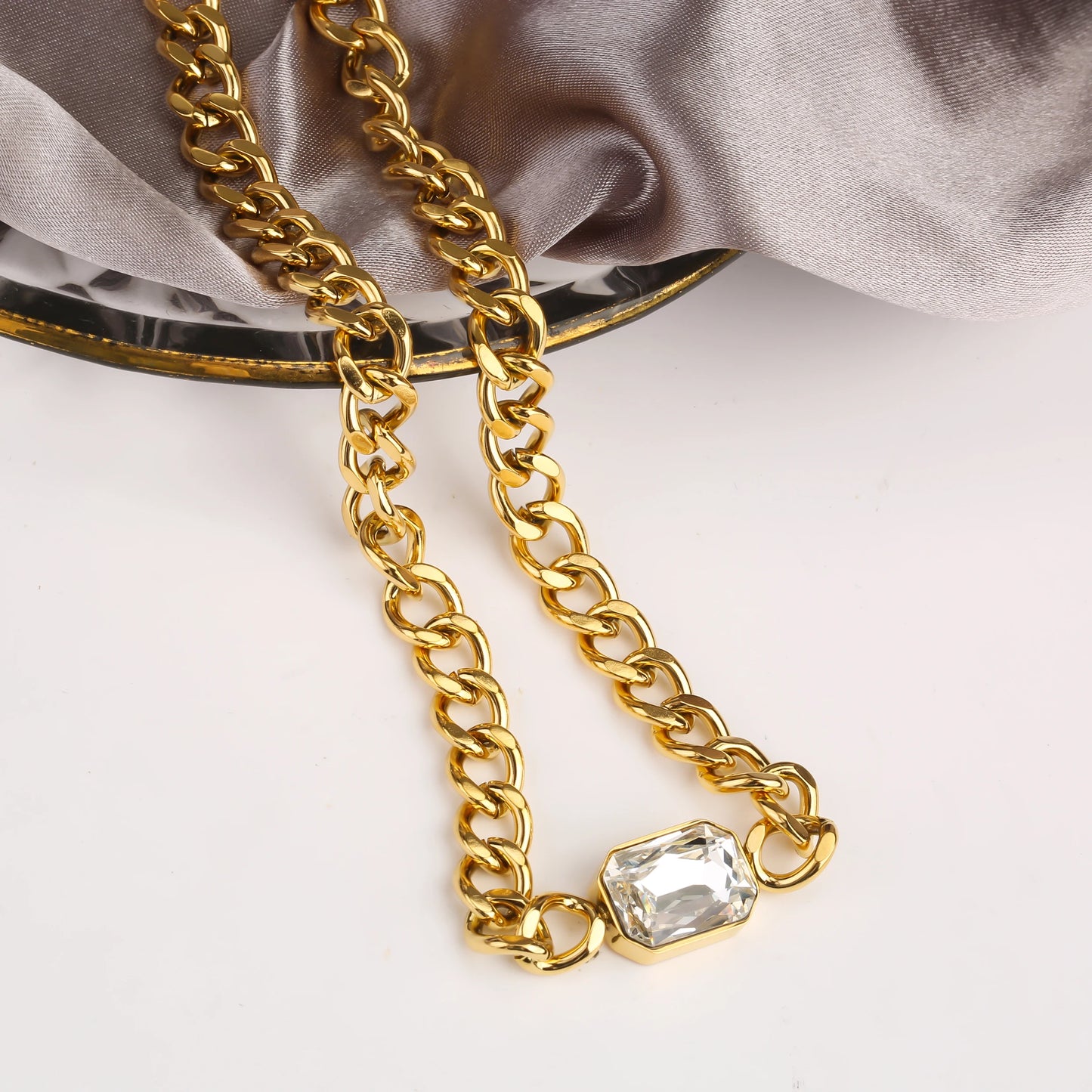 Personalized Rectangle Colorful Crystal Six-Sided Polished Cuban Chain Necklace Bracelet Set For Woman Stainless Steel Jewelry