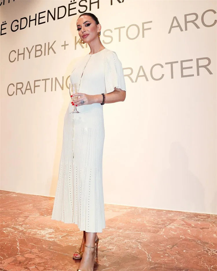 Elegant Knitted Single Breasted Midi Dress Women's Patchwork Dresses Female 2025 Summer Robe New Black Beige Robes Evening Party