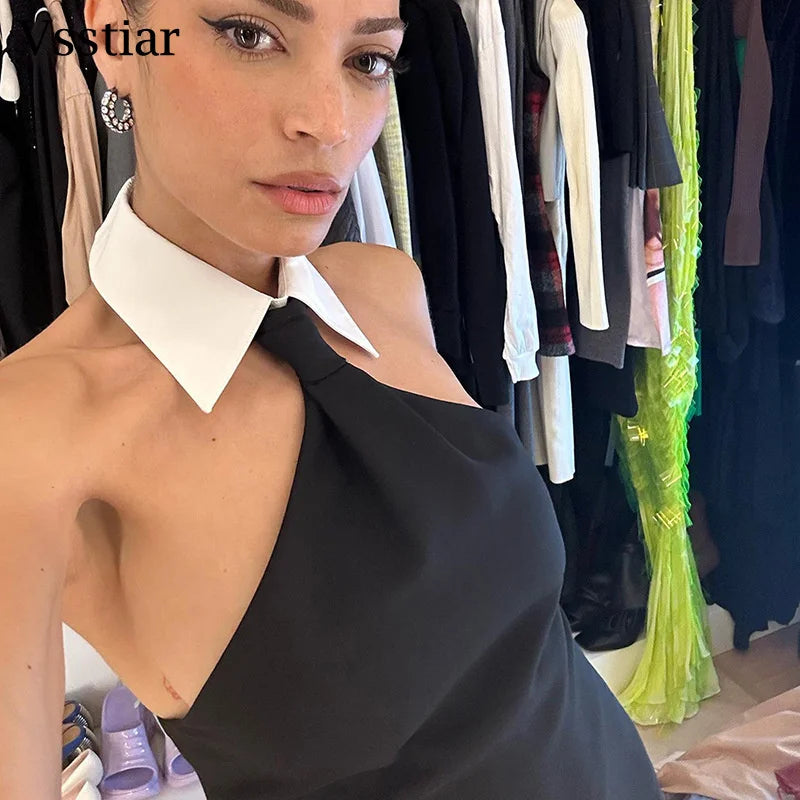 Vsstiar Elegant Turn-down Collar Mini Dress For Women Sexy Backless Sleeveless Vestidos Summer Fashion Streetwear Party Dress