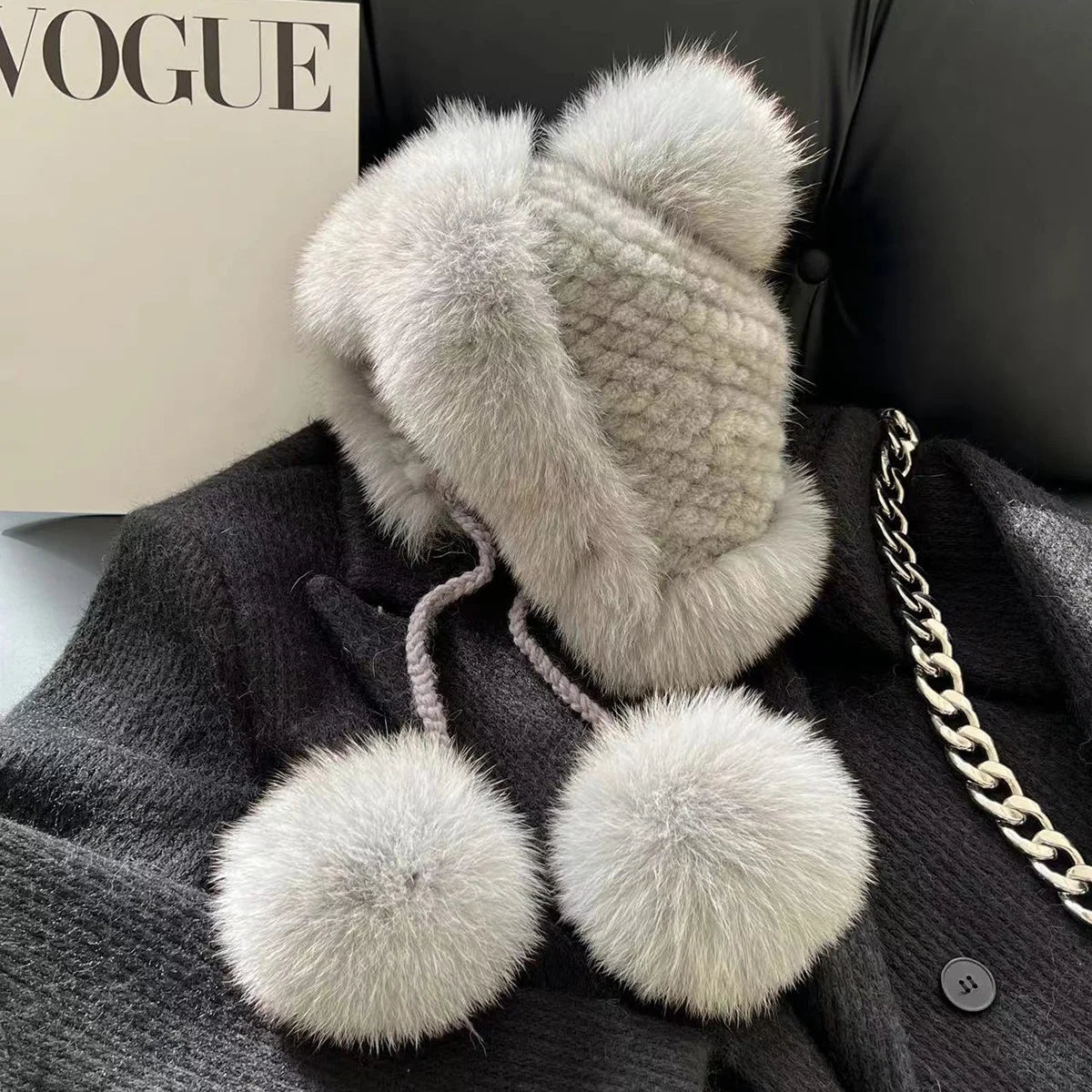 Real Mink Fur Hat For Women Winter Natural Fur Lei Feng Hat With Fox Fur Ball Thicked Ear Protection Hat Female Hand Knitted Hat
