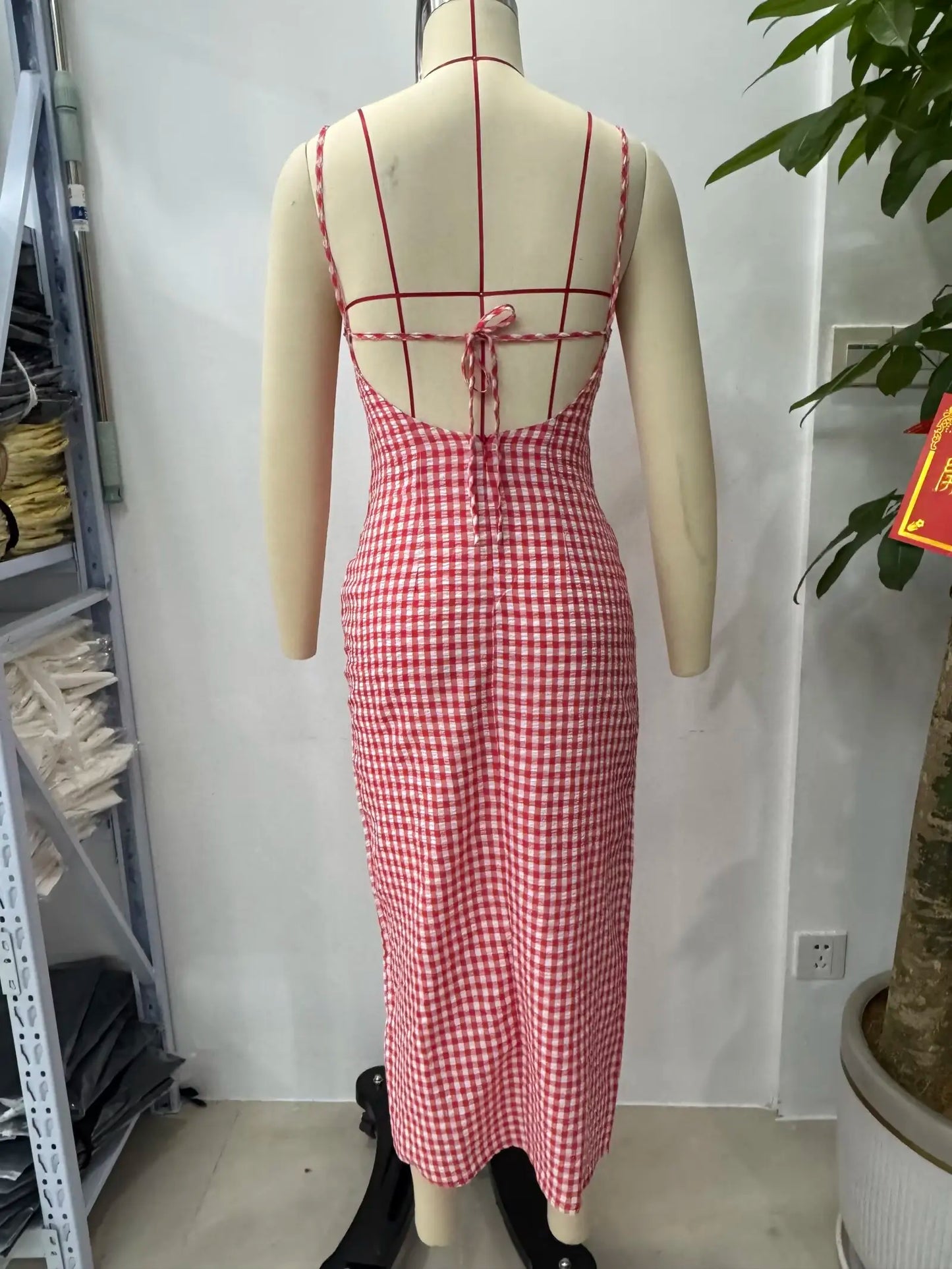 Summer 2025 Slit Backless MIDI Dress Grid Point Print Sexy V-Neck Charming Woman Clothing with High Thigh Split