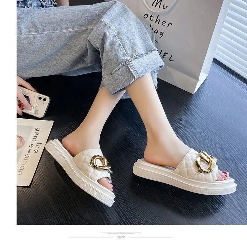 Net Red Fashion Thick Bottom Sandals And Slippers Women's All-match Summer Casual Metal Buckle One-word Slippers