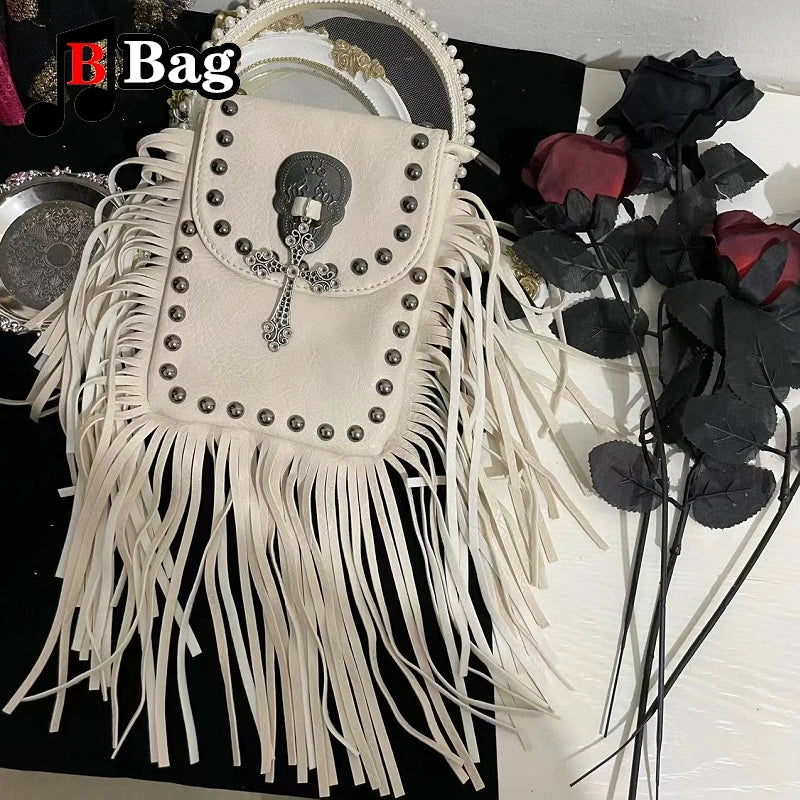 Vintage PU Leather Tassels Bags Y2K Women Girl Gemstone Fringed Shoulder Bags Female Punk Cross Messenger Bags phone bag