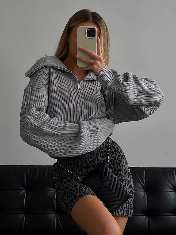 Women's Winter Sweaters Solid Grey Ladies Turtleneck Casual Loose Thick Zippers Pullovers Beautiful Oversized Sweater Women