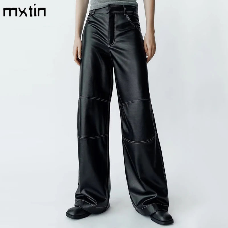 2023 Women's Autumn Black Faux Leather Wide Leg Fleece Pants Vintage Winter High Waist Office Lady PU Female Trousers Mujer