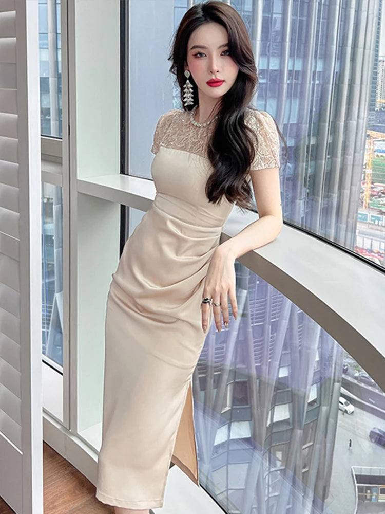 Summer Women Midi Dress Elegant Sheer Lace Satin Panel Shiny Diamond Sequins Pleated Slit Slim Lady Outfit Party Office Vestido
