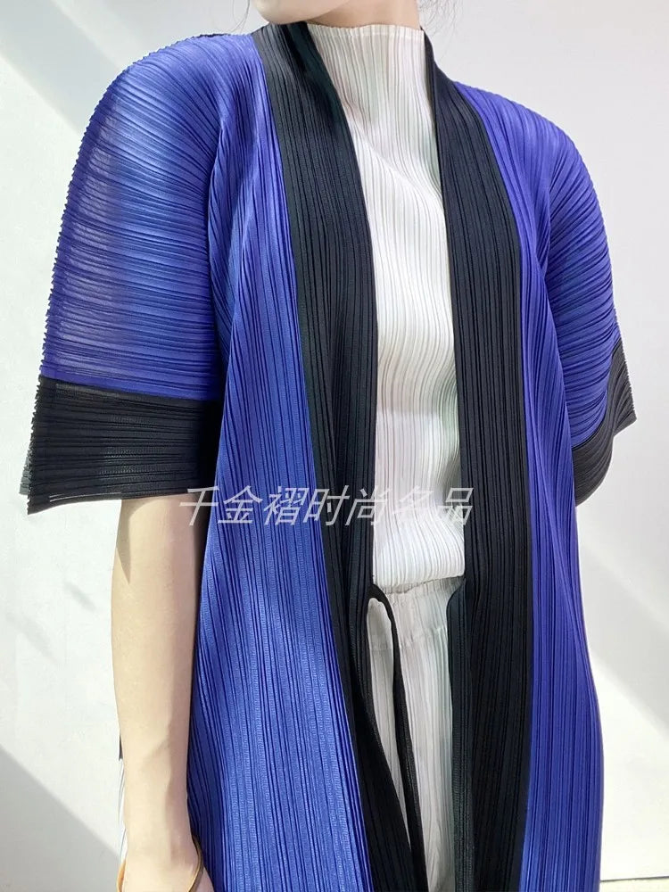 Women Printed Trench Miyake Pleated Fashion Printed Loose Plus Size Japan Style Belt Female Long Coats Tide