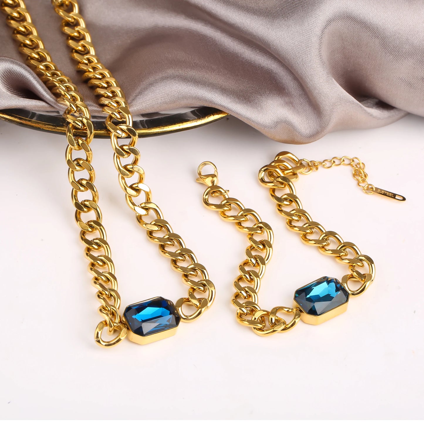 Personalized Rectangle Colorful Crystal Six-Sided Polished Cuban Chain Necklace Bracelet Set For Woman Stainless Steel Jewelry