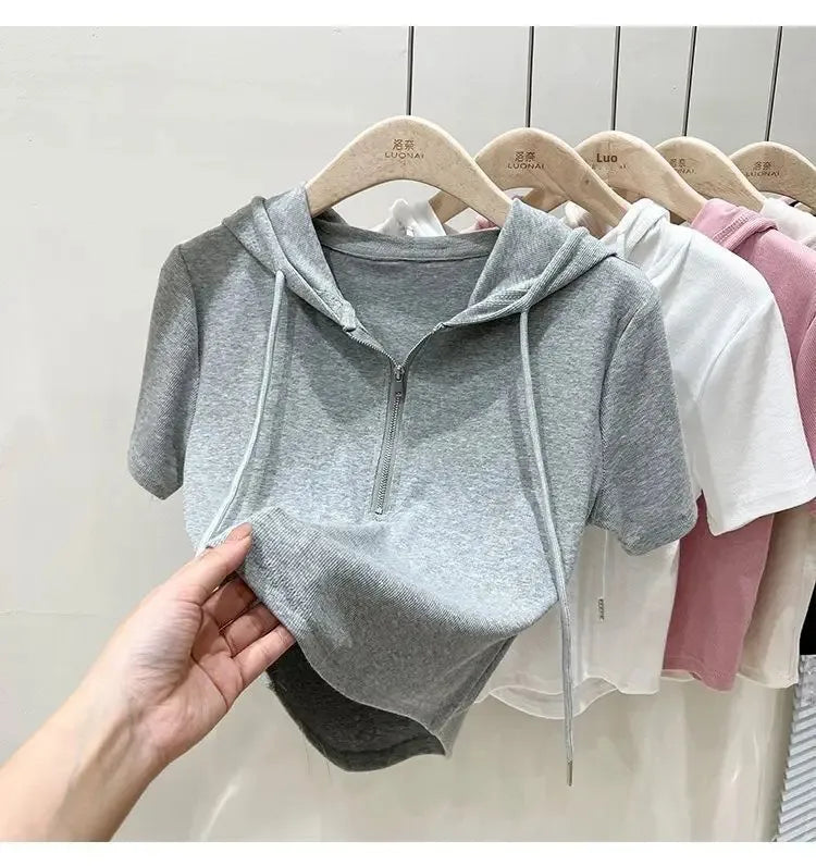 Hoodedslims Women's Double Zip Short Sleeve T-Shirt Cropped Top Sensible Design Polyester Fiber Summer 2025 New Arrival Jacket