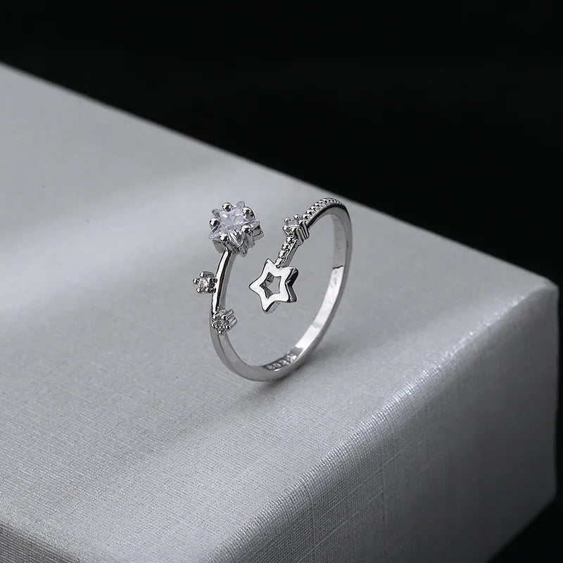 925 Sterling Silver Star Crytal Ring for Women Girl Personality Simple Adjustable Exquisite Jewelry Dropshippipng Gift
