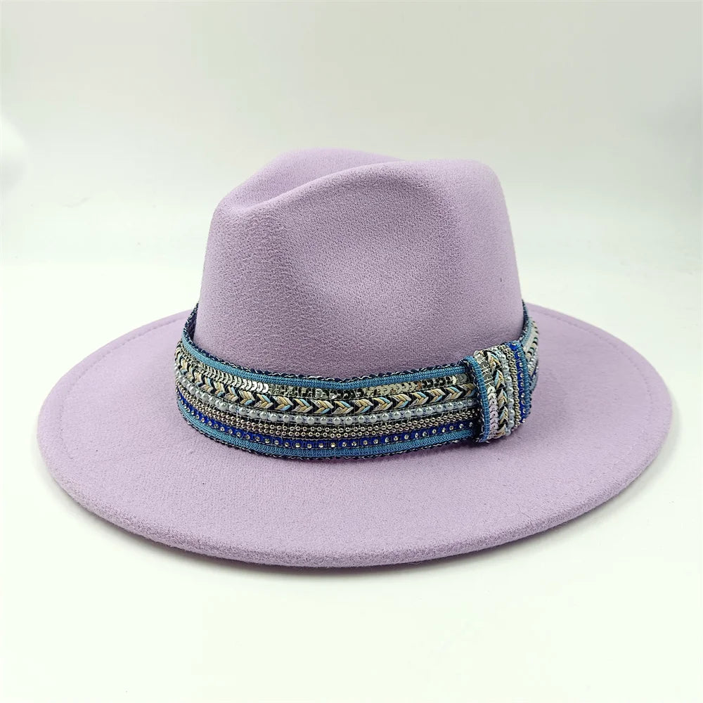 Blue Fedora Hat Pearl Rhinestone Design for Men and Women Panama Church Cap Fashionable Elegant Vintage Felt Hat fedoras