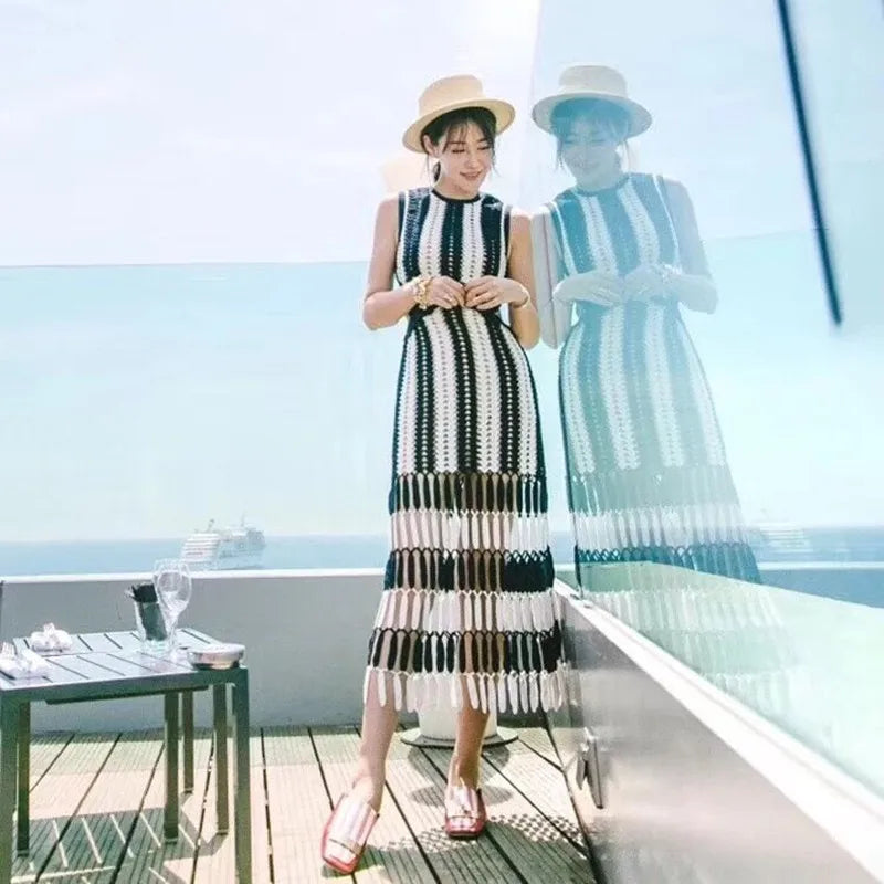 HANZANGL Women Dresses Knitted tank dress white blue patchwork striped tassel crochet casual beach Dress high quality
