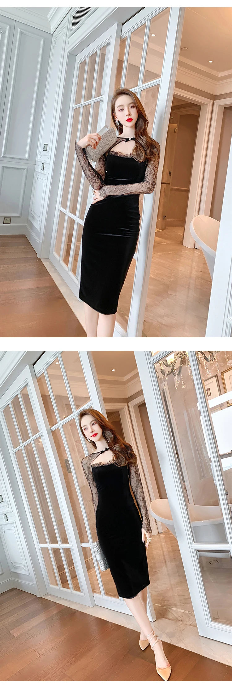 Spring Quality Elegant Sexy Dresses for Women 2023 Black Sheer Lace Hollow Cut Out Backless Midi Robe Femme Party Date Vestidos