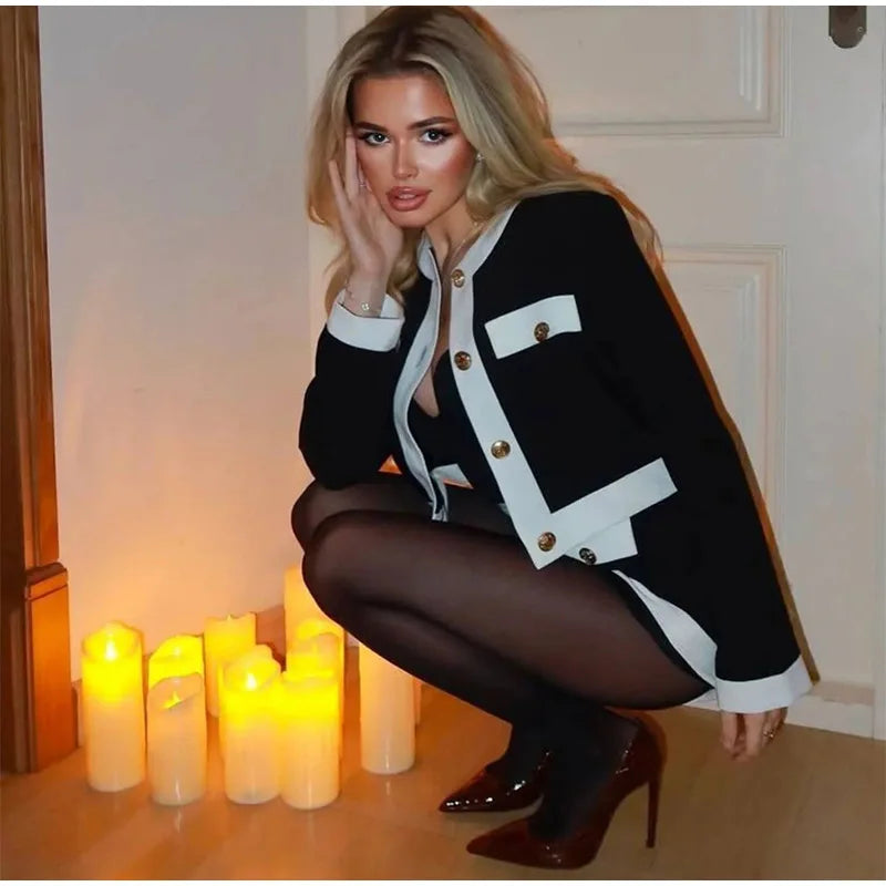 Women Sexy Black Knit Short Pants Suit Elegant Sleeveless Double Pockets Single Breasted Buckle Top 2-piece Set 2025 New Outfits