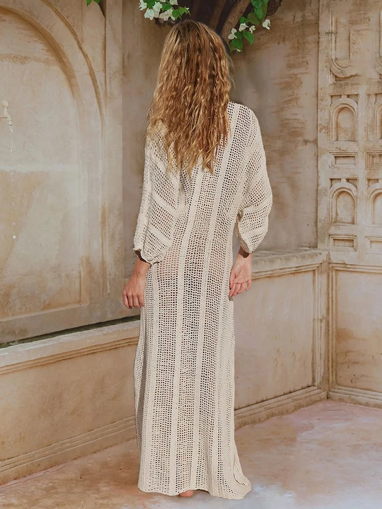Elegant Knit Long Dress 2025 Sexy See-through V Neck Lantern Sleeve Side Split Beach Maxi Dresses Holiday Swimsuit Cover Up K15