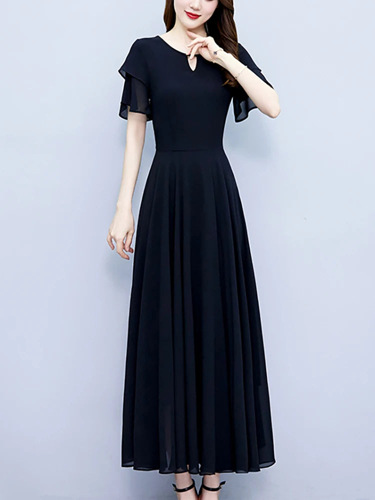 2024 Black Chic Ruffled Short Sleeve Midi Vestidos Women Vintage Hepburn Prom Long Robe Summer Solid Elegant Bodycon Party Dress