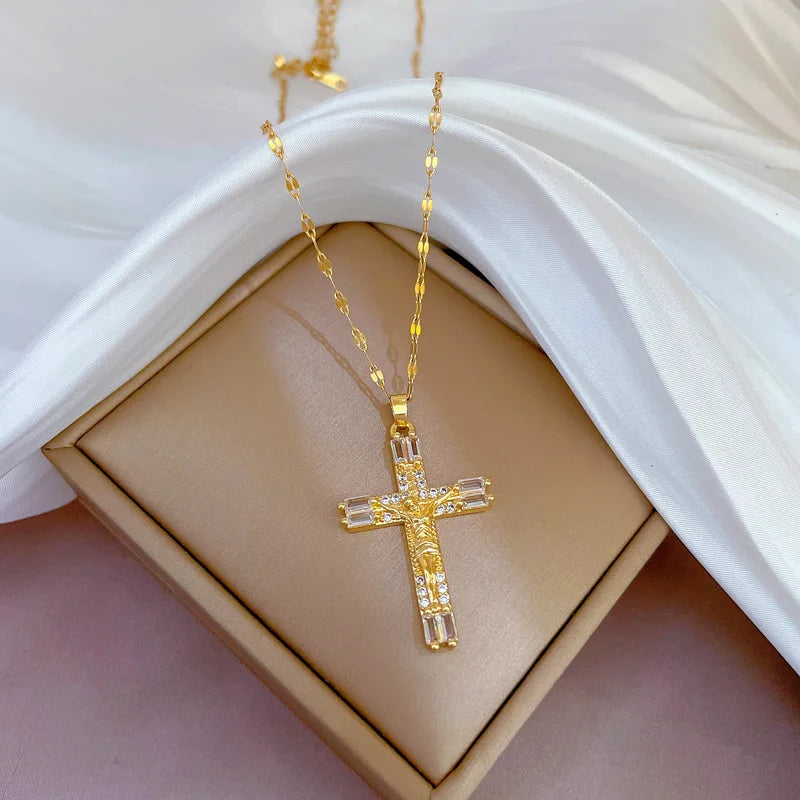 316L Stainless Steel Aesthetic Cross Necklace For Women Cubic Zirconia Clavicle Chains Pendants Party Gifts Jewelry Accessories