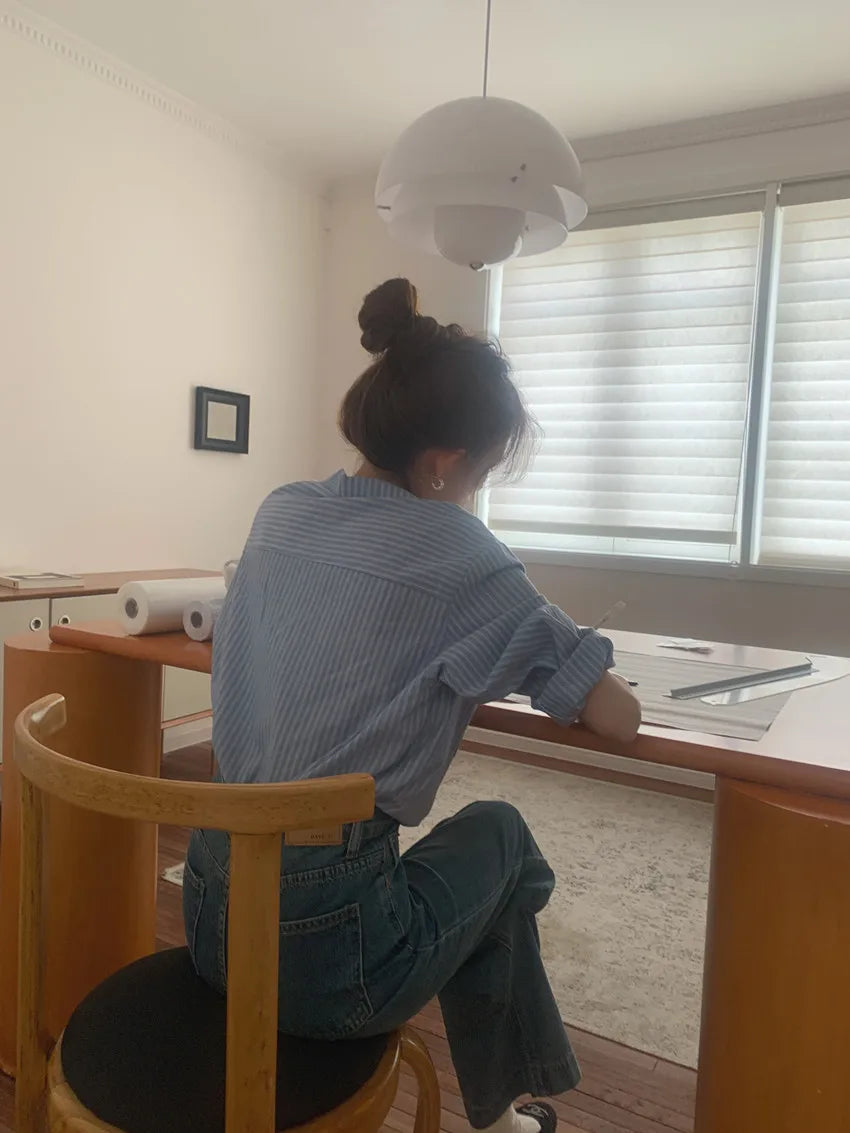 Chic Autumnal Vintage Loose Fit Long Sve Blue Striped irt Women's Faion Versatile Double ket Suit Collar Outfit