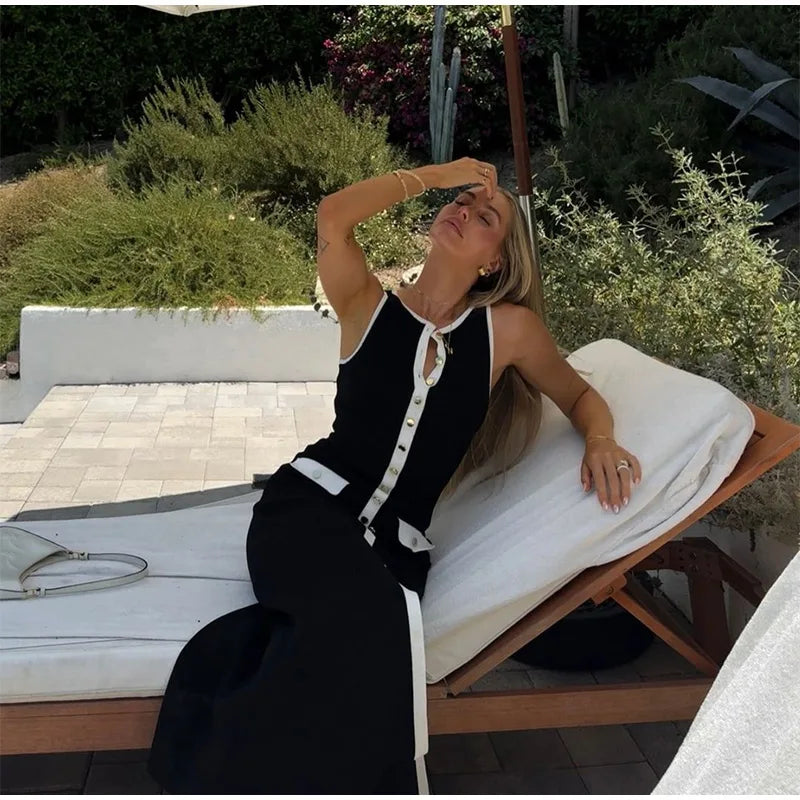 Women Sexy Black Knit Short Pants Suit Elegant Sleeveless Double Pockets Single Breasted Buckle Top 2-piece Set 2025 New Outfits