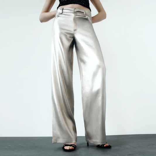 2024 Women Autumn Silver Wide Leg Fleece Pants Vintage High Waist Office Lady PU Female Trousers Women's Clothing Free Shipping
