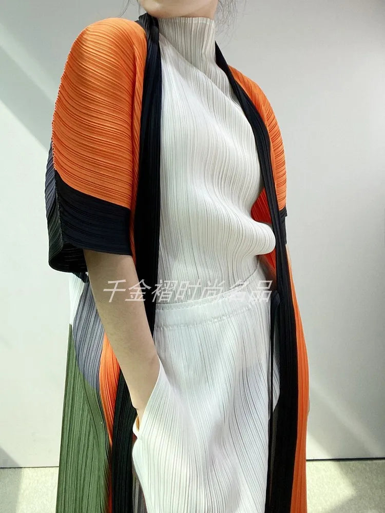 Women Printed Trench Miyake Pleated Fashion Printed Loose Plus Size Japan Style Belt Female Long Coats Tide