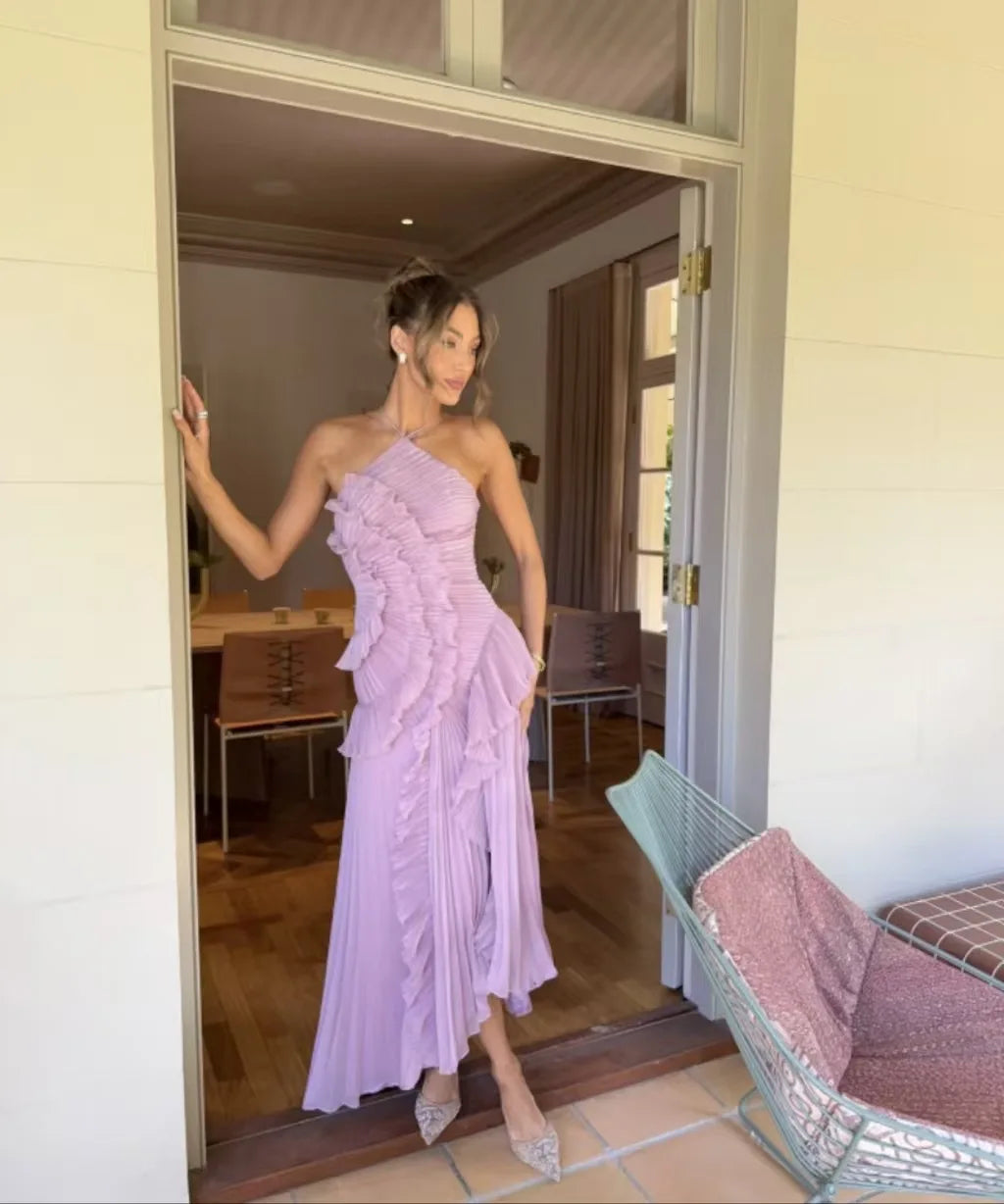 Purple Ruffle Irregular Maxi Dress for Women Sexy Halter Backless Party Dresses Summer Fashion Chiffon Holiday Fairy Dress 2025