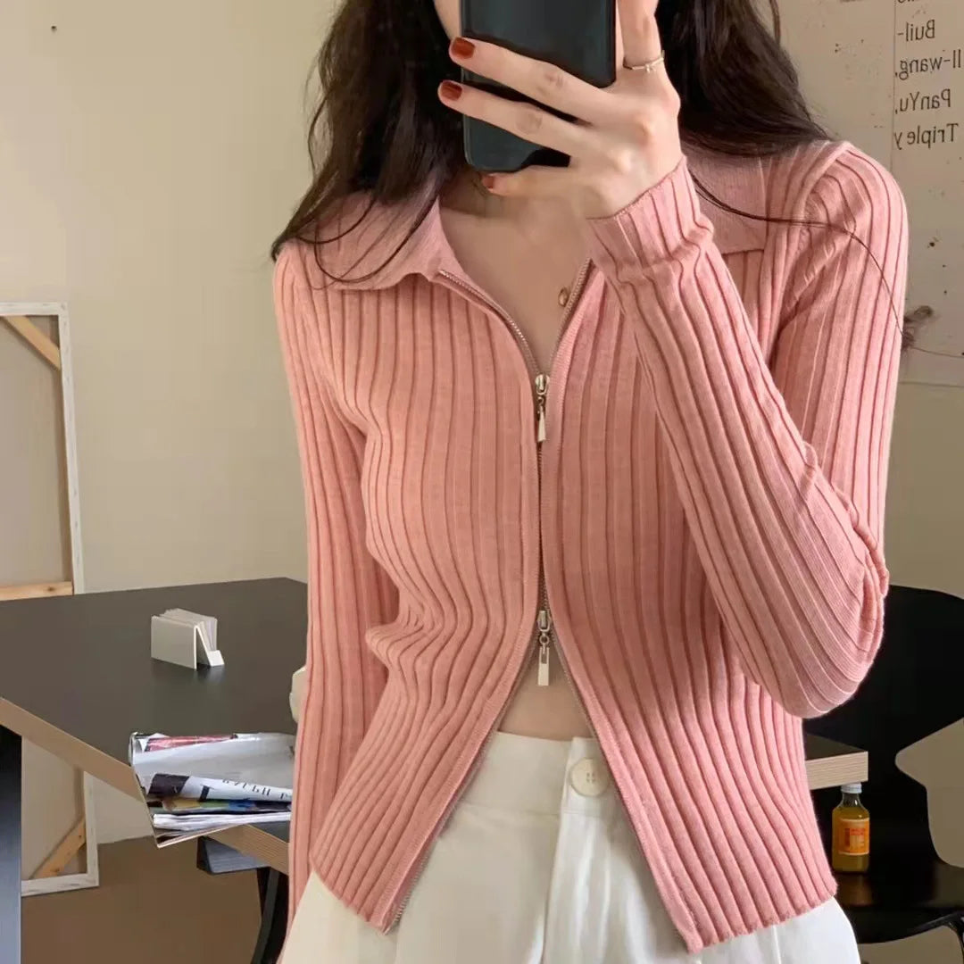 Elegant Korean Knitted Sweater Sexy Lapel Zipper Up Cardigan Women Vintage Harajuku Slim Coat Casual Ribbed Knit Cropped Tops