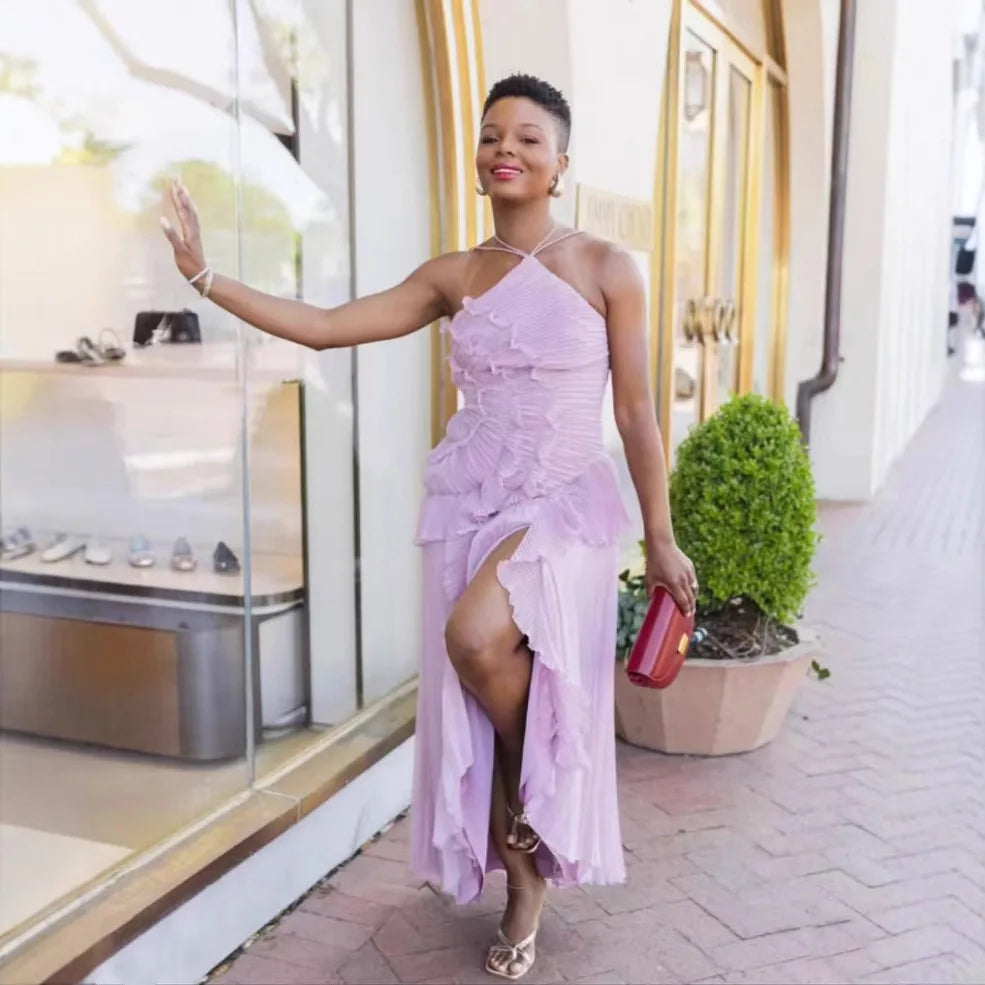 Purple Ruffle Irregular Maxi Dress for Women Sexy Halter Backless Party Dresses Summer Fashion Chiffon Holiday Fairy Dress 2025