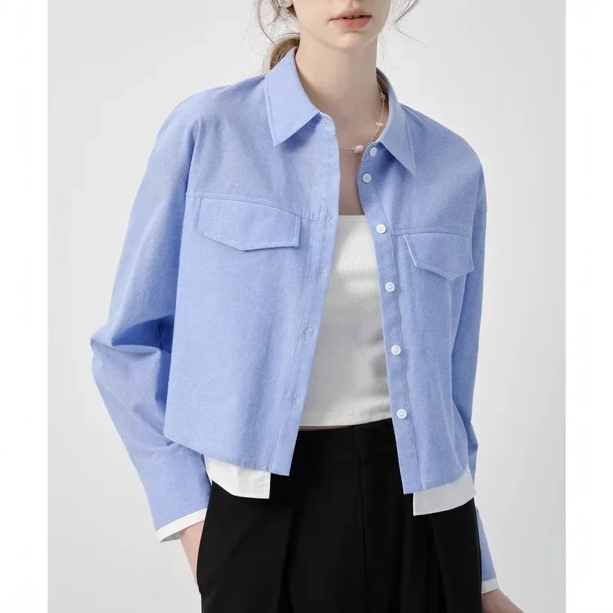 Blue Long Sleeve Women's Shirt Short Style College Style Fake Two-Piece Spring Autumn New Arrival Polo Collar Button up Top