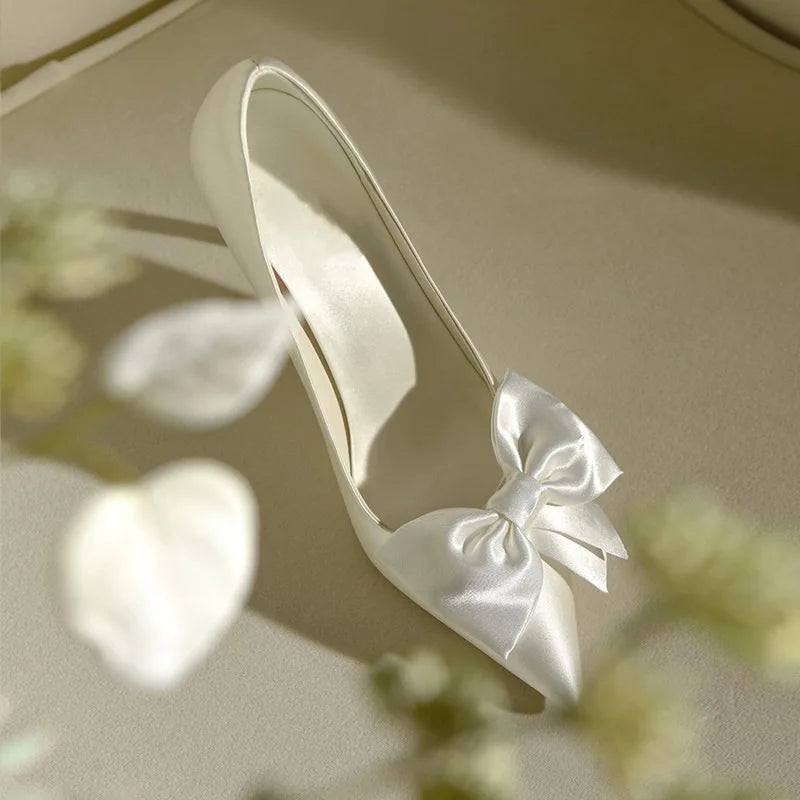 Fashion White Satin Bow Heels Women Pumps Shoes 2023Butterfly High Heels Pumps Elegant Heeled Wedding Shoes