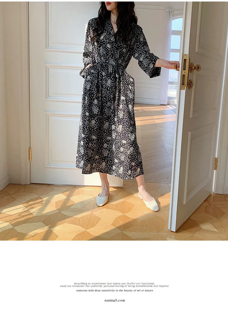 ARTKA 2023 Spring New Women Dress Elegant Loose Puff Sleeve Prints Dresses V-Neck High Waist A-Line Chiffon Long Dress A22LA055C