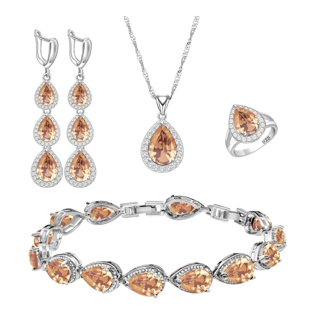 Wedding Bride Silver 925 Jewelry Sets Women White Topaz Long Earrings Bracelet Necklace Rings Luxury Fashion Set Dropshipping