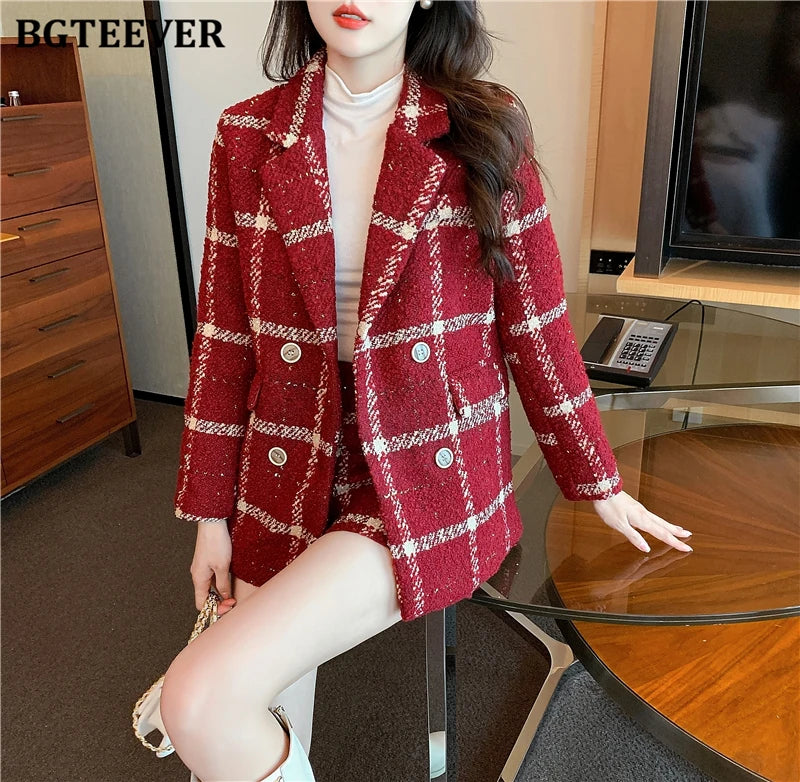BGTEEVER Winter Thicken Warm Ladies Plaid Blazer Suits Long Sleeve Double Breasted Suit Jackets & Shorts Women 2 Pieces Set