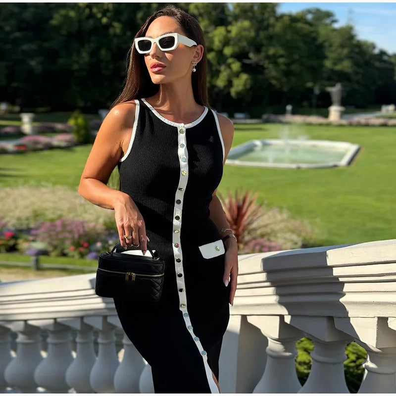 Women Sexy Black Knit Short Pants Suit Elegant Sleeveless Double Pockets Single Breasted Buckle Top 2-piece Set 2025 New Outfits