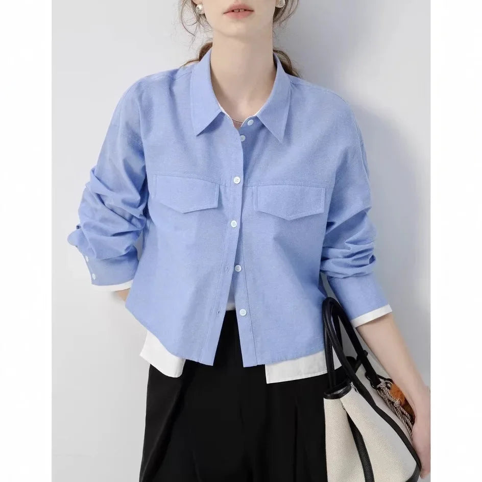 Blue Long Sleeve Women's Shirt Short Style College Style Fake Two-Piece Spring Autumn New Arrival Polo Collar Button up Top