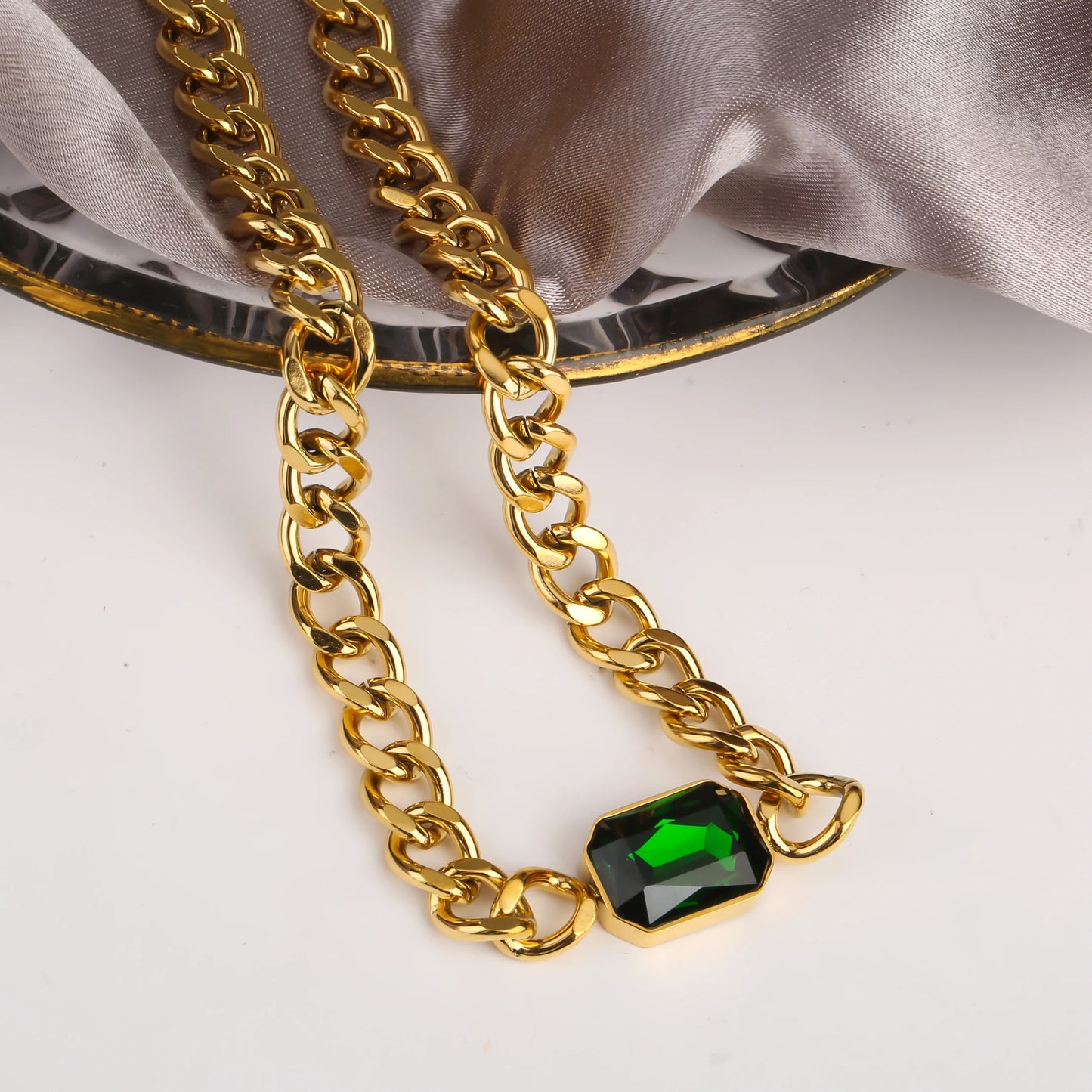 Personalized Rectangle Colorful Crystal Six-Sided Polished Cuban Chain Necklace Bracelet Set For Woman Stainless Steel Jewelry