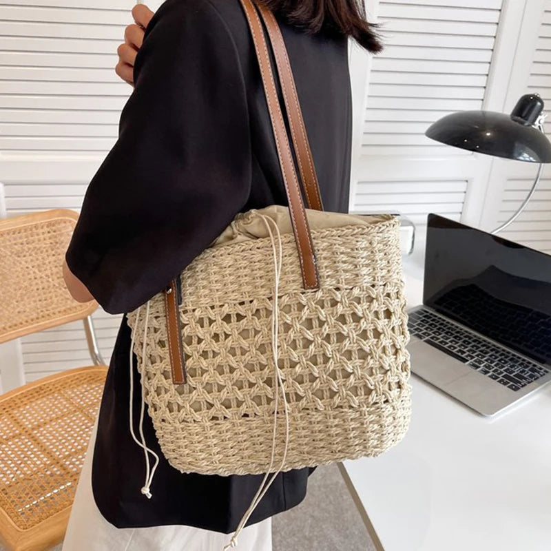 Summer Woven Straw Bucket Bag For Women Travel Beach Bags Large Capacity Armpit Bags Bohemia Knitted Shopping Totes Bolsa sac