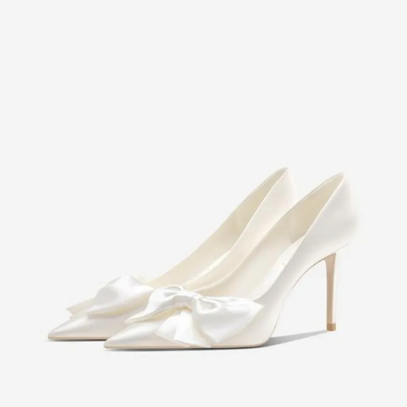 Fashion White Satin Bow Heels Women Pumps Shoes 2023Butterfly High Heels Pumps Elegant Heeled Wedding Shoes