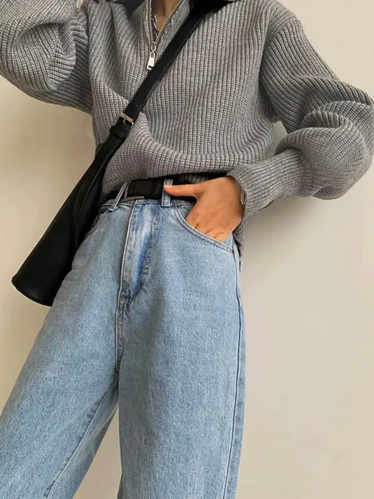 Women's Winter Sweaters Solid Grey Ladies Turtleneck Casual Loose Thick Zippers Pullovers Beautiful Oversized Sweater Women