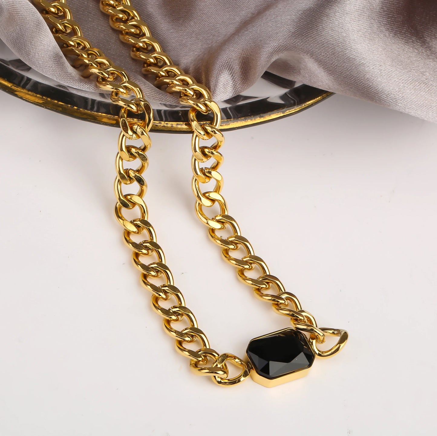 Personalized Rectangle Colorful Crystal Six-Sided Polished Cuban Chain Necklace Bracelet Set For Woman Stainless Steel Jewelry