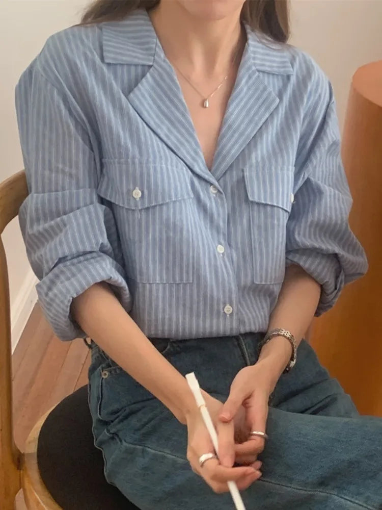 Chic Autumnal Vintage Loose Fit Long Sve Blue Striped irt Women's Faion Versatile Double ket Suit Collar Outfit