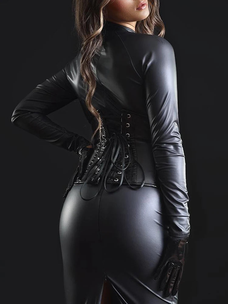 Women's Vintage Bodycon Dress, Long Sleeve, Faux Leather, Stretch Back Hem, Split, Slim Clubwear, Party Costume, Custom