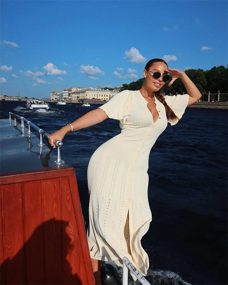 Elegant Knitted Single Breasted Midi Dress Women's Patchwork Dresses Female 2025 Summer Robe New Black Beige Robes Evening Party