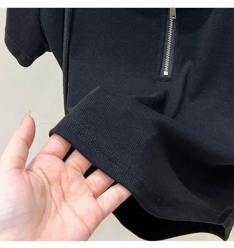 Hoodedslims Women's Double Zip Short Sleeve T-Shirt Cropped Top Sensible Design Polyester Fiber Summer 2025 New Arrival Jacket