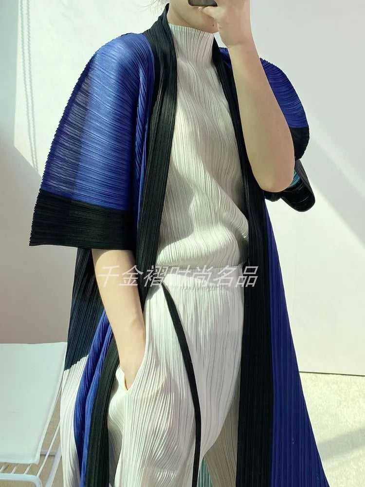 Women Printed Trench Miyake Pleated Fashion Printed Loose Plus Size Japan Style Belt Female Long Coats Tide