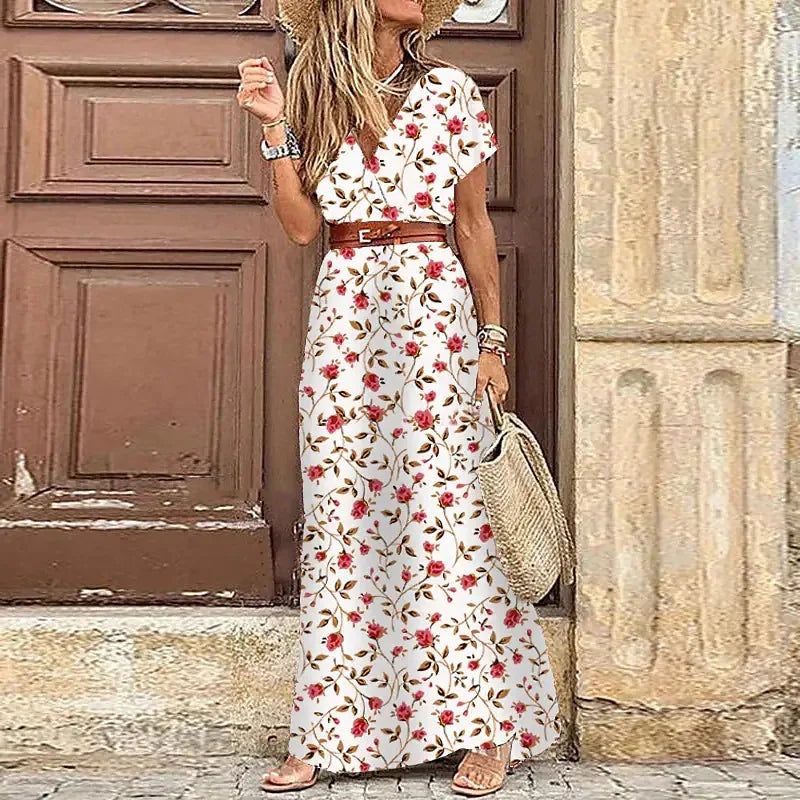 Women's 2023 Floral Summer Dress Wrap V Neck Short Sleeve Belted Ruffle Hem Bohemian Maxi Sun Dresses with Belt A Black